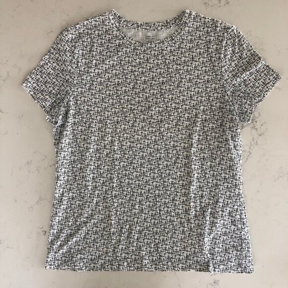 Lord + Taylor Petite Casual SS Crew Neck Cotton Print Top White + Black Sz LP - Picture 1 of 8